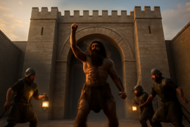 Enkidu enfrentándose a los guardias de la ciudad en las puertas de Uruk.