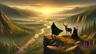 Hunor y Magor contemplando un valle exuberante, inspirados por su visión tras perseguir al Ciervo Milagroso.