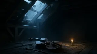 Cuerdas rotas de violín brillando bajo la luz de la luna mientras Zann cae durante la actuación final