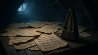 Partitura desgastada de Erich Zann cubierta de símbolos extraños y pentagramas
