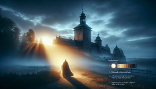 El castillo de Kalmar al amanecer, la presencia del caballero fantasmagórico sugerida por una tenue niebla que se mantiene sobre las murallas.