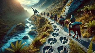 Huellas de un gigante dinosaurio estampadas en tierra arcillosa junto a un bosque denso.