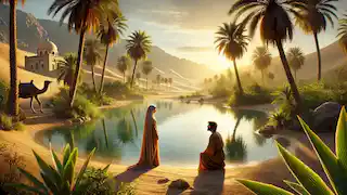 Santiago y Fátima se encuentran junto a una serena piscina en un oasis del desierto, iluminados por la suave luz dorada del atardecer.