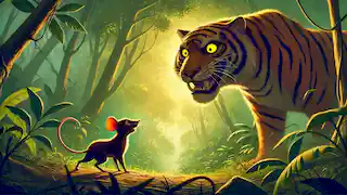 Sang Kancil enfrenta al tigre con confianza en el bosque, listo para burlar al depredador.