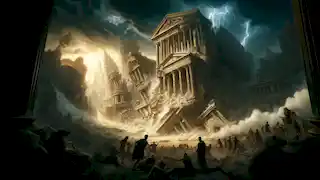 Atlantis se desmorona durante un devastador terremoto, mientras sus ciudadanos huyen y los edificios colapsan.