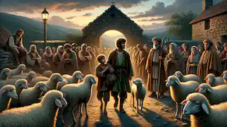 El pastorcito regresa al pueblo al atardecer, guiando a las ovejas que quedan, mientras los aldeanos lo miran con decepción.