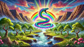 La Serpiente Arcoíris despertando y emergiendo de la tierra, creando ríos y valles en un antiguo paisaje australiano.