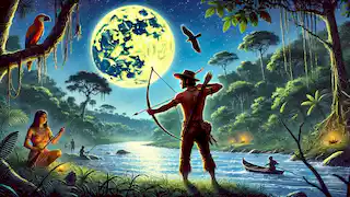 Thiago, un cazador aventurero, se acerca al río iluminado por la luna con un arco y flechas, atraído por el canto de Yara.