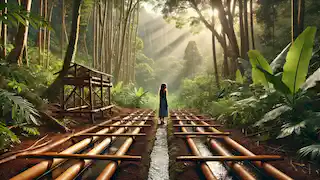 Kiana se encuentra admirada junto al nuevo sistema de riego, rodeada de una exuberante jungla en el Valle de Wainiha, con la luz del sol brillando a través de los árboles.