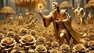 El rey Midas toca una rosa en su jardín, transformándola en oro sólido mientras todo a su alrededor se convierte en oro.