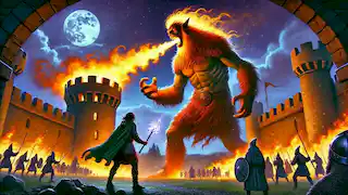 Fionn mac Cumhaill enfrentándose al temible gigante Aillen en Tara.