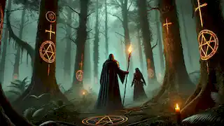 Elara conduit Sir Edmund à travers une forêt brumeuse où des symboles lumineux ornent les arbres, laissant entrevoir des dangers cachés.