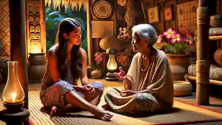 Lani und ihre Großmutter unterhalten sich in einem traditionellen hawaiianischen Haus, das voller kultureller Artefakte ist.