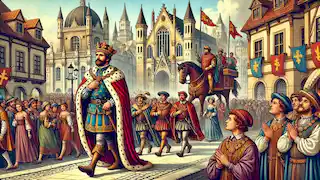 O imperador desfilando pela cidade, seguido por cortesãos que sustentam seu manto imaginário.