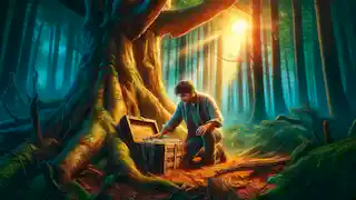 Thomas fand die antike Truhe unter der Eiche im Wald.