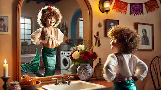 Julián, con una cola de sirena improvisada y flores, se encuentra feliz frente a un espejo en casa.