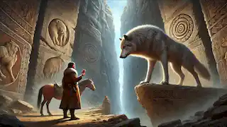 Turkyn se enfrenta a un imponente lobo de color plateado en un desfiladero adornado con antiguas inscripciones, mientras su caballo Karash espera inquieto.