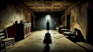 Dentro de una habitación tenuemente iluminada, Lucy se encuentra de pie frente a la esquina donde comienza a formarse una sombra, creando una atmósfera tensa.