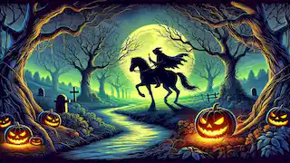 El paisaje escalofriante de Sleepy Hollow con un jinete sombrío cabalgando en la noche.