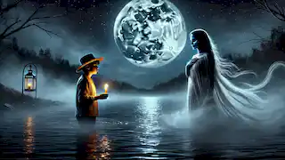La confrontación final de Diego con La Llorona junto al río bajo la luz de la luna llena, sosteniendo una vela encendida.