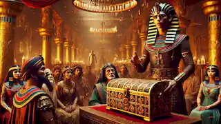 Set presenta un cofre adornado con joyas a Osiris durante un gran banquete, dando inicio a su traición.