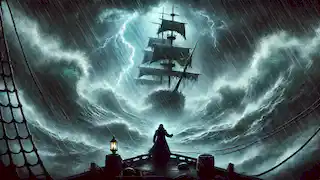 El holandés errante, envuelto en una feroz tormenta, con el capitán mirando hacia la tempestad, enfrentando un tormento eterno.