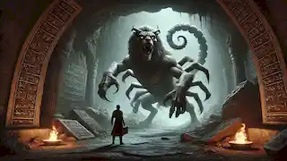 O Manticora, uma criatura semelhante a um leão com rosto humano e cauda de escorpião, emerge das sombras em um vale.