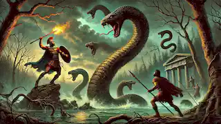 Heracles lucha contra la Hidra con su clava, mientras Iolaos sostiene una antorcha para cauterizar las heridas en el oscuro pantano de Lerna.
