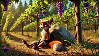 Félix está sentado en el suelo, con expresión de frustración, tras varios intentos fallidos de alcanzar las uvas, con una piedra cerca.