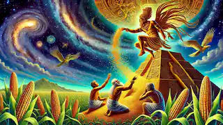 Xipe Totec se despelleja sobre una pirámide celestial, convirtiendo su piel en maíz en la antigua Mesoamérica.