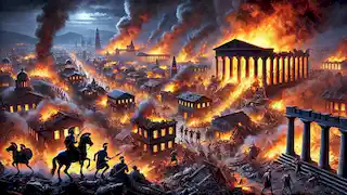 Troya ardiendo después de ser saqueada por los griegos, marcando el final de la guerra.