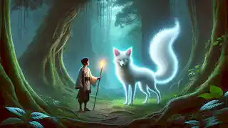 Liang se encuentra con un zorro blanco de tres colas que brilla en un bosque místico en el monte Yunlong.