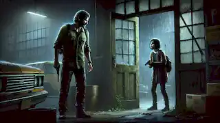 Joel se encuentra con Ellie en un oscuro almacén empapado por la lluvia. Él sostiene un cuchillo, mientras ella se sostiene con una pistola.
