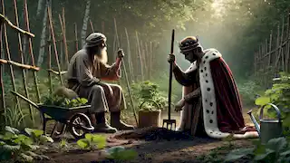 El rey cava en el jardín mientras el ermitaño descansa cerca, con el bosque como un tranquilo telón de fondo.