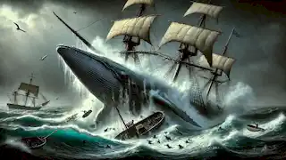 Moby Dick, der große weiße Wal, greift das Walfangschiff Pequod an.