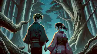 Kage, ahora plenamente humano, camina de la mano con Aiko mientras salen del bosque bajo la luz de la luna.
