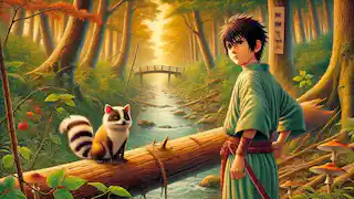 Hiroshi se encuentra frente a un árbol caído que bloquea un río, mientras el bake-danuki lo observa.