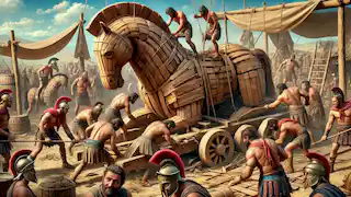 Los guerreros griegos trabajan sin descanso para construir el enorme caballo de madera, mostrando determinación y habilidad.