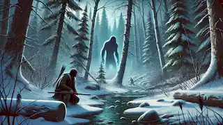 Kitchi s'agenouille près d'un ruisseau gelé dans une forêt enneigée, tandis qu'une silhouette ombragée se déplace au loin.