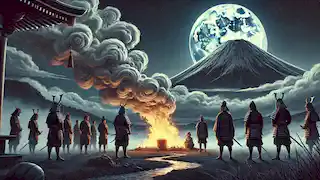 Los guerreros del Emperador queman el elixir de la inmortalidad a los pies del monte Fuji, enviando humo hacia el cielo iluminado por la luna.