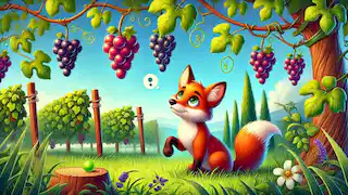 Le renard fixe des raisins suspendus à une vigne.