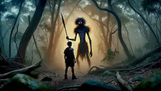 Darrin se encuentra con Warlba, el espíritu Quinkan, en la densa maleza australiana al atardecer.