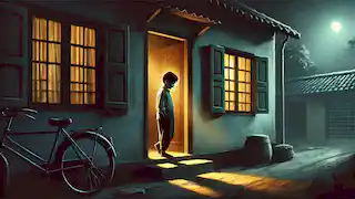Un niño se encuentra en la puerta de su casa, tranquila y débilmente iluminada, reflexionando sobre su desilusión tras el bazar.