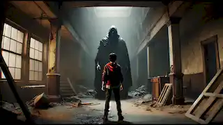 Amir se encuentra en una habitación tenuemente iluminada, frente a una figura imponente vestida de negro, preparado para la confrontación.