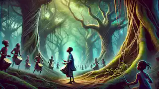 Olumide tocando su tambor en el brumoso Bosque de los Ecos, rodeado de tamborileros fantasmas.