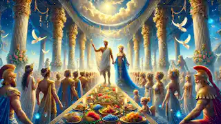 El grandioso banquete de bodas de Zeus y Hera en el monte Olimpo, rodeados de dioses y con una mesa repleta de ofrendas divinas.