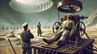 El oficial observa las consecuencias de la máquina, mientras el viajero se mantiene a distancia, abrumado por el prisionero sin vida.