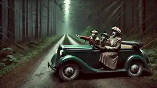 El auto vintage de la familia se detiene en un camino de tierra mientras la abuela señala hacia el oscuro bosque que tienen por delante.
