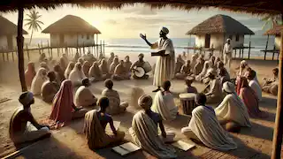 Liongo enseigne la poésie et la musique à des élèves attentifs dans un paisible village côtier, baigné par la douce lumière du coucher de soleil.