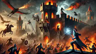 Cerco do Castelo Eldran, onde heróis defendem-se contra criaturas monstruosas e projéteis flamejantes ao amanhecer.